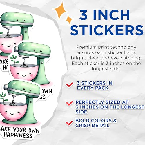 (3 Pack) Stand Mixer Decals - Bake Your Own Happiness - Kitchen Decor Decals - 3 Inches On Longest Side - Easy Peel & Apply - Made in USA - 3MCS6280