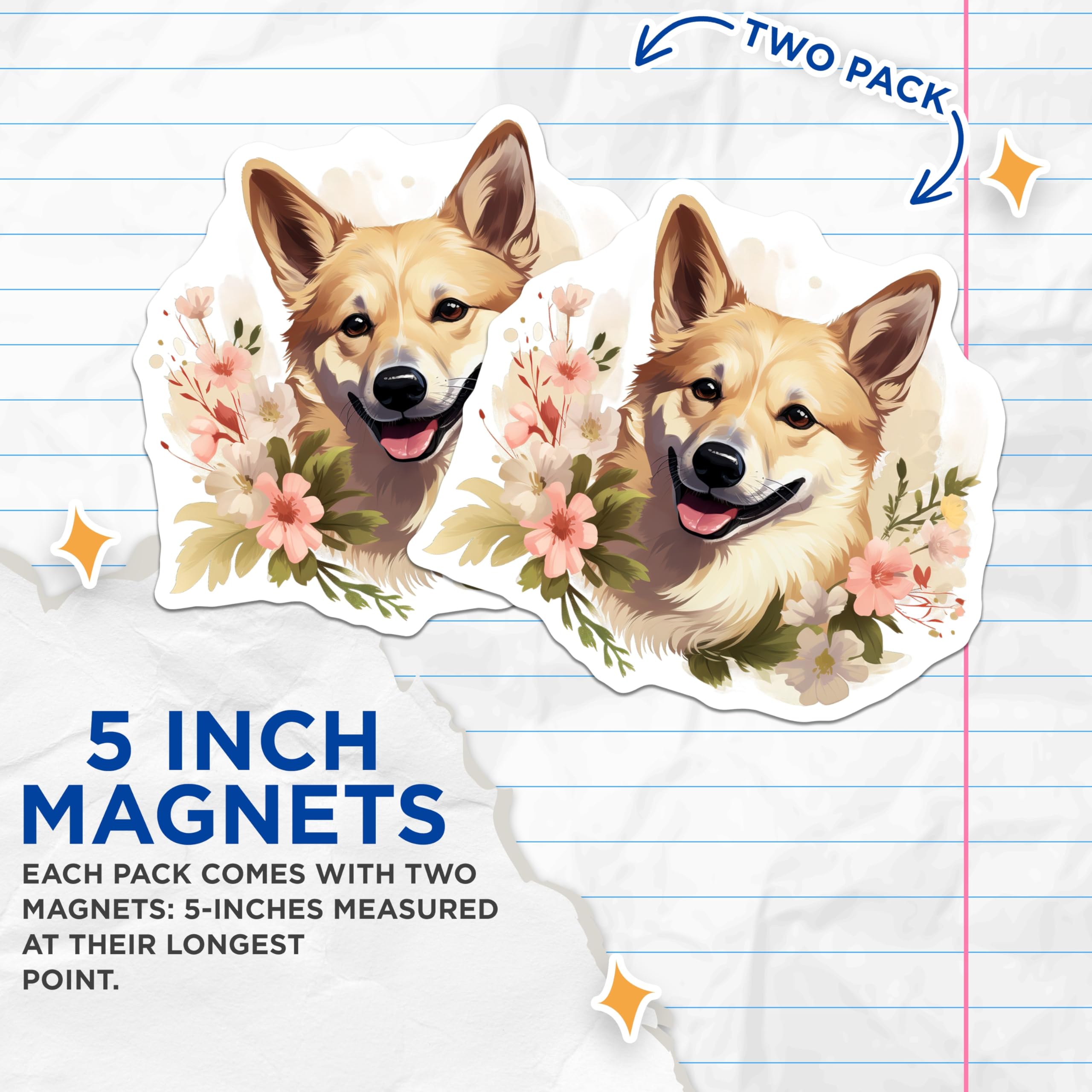 (2 Pack) Floral Corgi Magnets - Cute Dog Lover Decor - Whimsical Pet Refrigerator Art - 5 Inches On Longest Side - Thick Durable Magnet - Made in USA - MAG29934