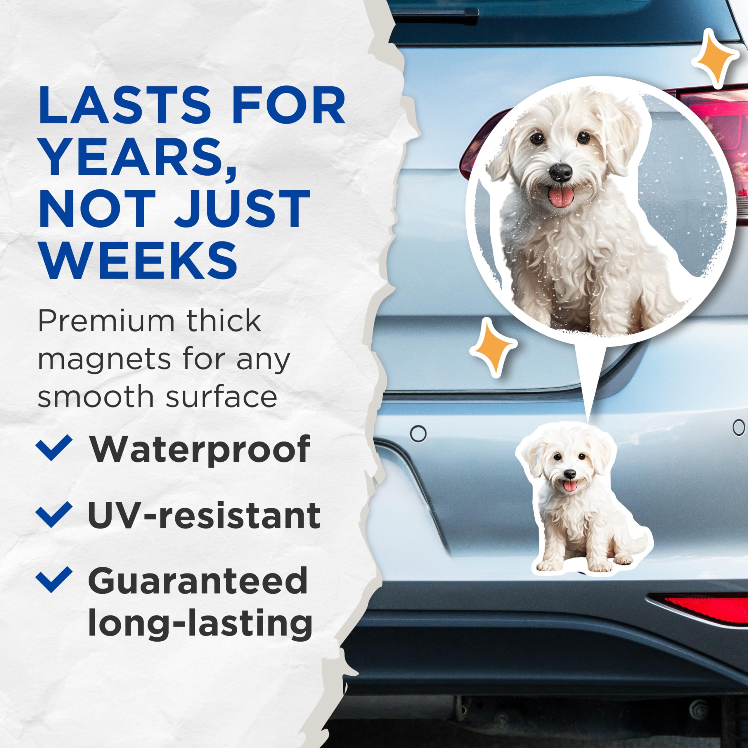(2 Pack) Cute White Fluffy Dog Magnets - Adorable Puppy Pet Decor - Maltese Dog Lover Fridge Accent - 5 Inches On Longest Side - Thick Durable Magnet - Made in USA - MAG26542