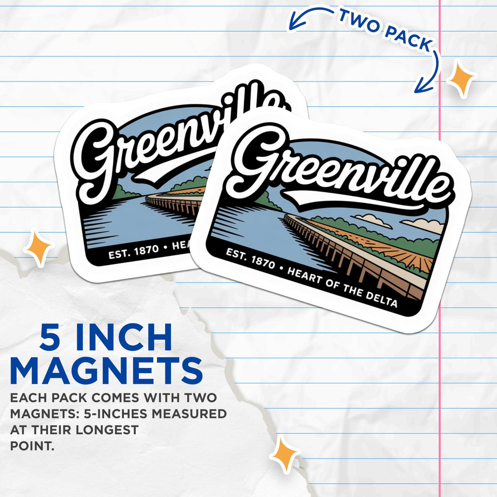 (2 Pack) Greenville Magnets - Mississippi Delta - Established 1870 Fridge Decor - 5" On Longest Side - Premium Magnet - for Cars, Refrigerators, Toolboxes, Lockers - Made in USA - MAG18235