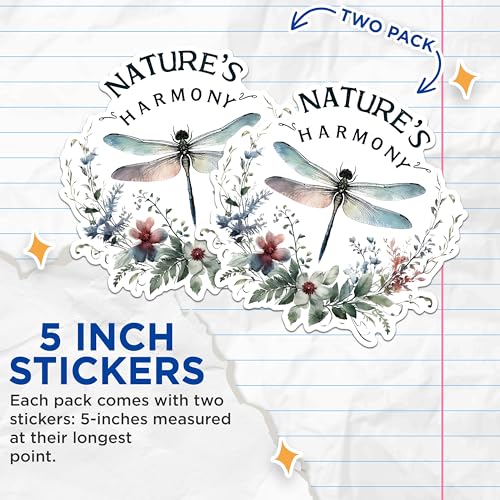 (2 Pack) Nature's Harmony Stickers - Dragonfly Floral Stickers - Inspirational Nature Design Decal - 5" On Longest Side - Sticks to Any Smooth Flat Surface - Made in USA - BMCS2680