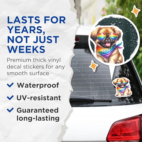 (2 Pack) Pride Dog Stickers - Cute Dog with Sunglasses - LGBTQ Pride Art - 5" On Longest Side - Sticks to Smooth Flat Surfaces - Made in USA - BMCS7064