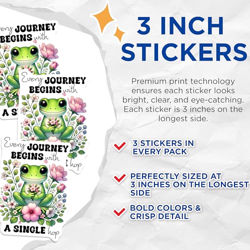 (3 Pack) Cute Frog Decals - Floral Laptop Decal - Inspirational Quote - Every Journey Begins with a Single Hop - 3 Inches On Longest Side - Easy Peel & Apply - Made in USA - 3MCS6384