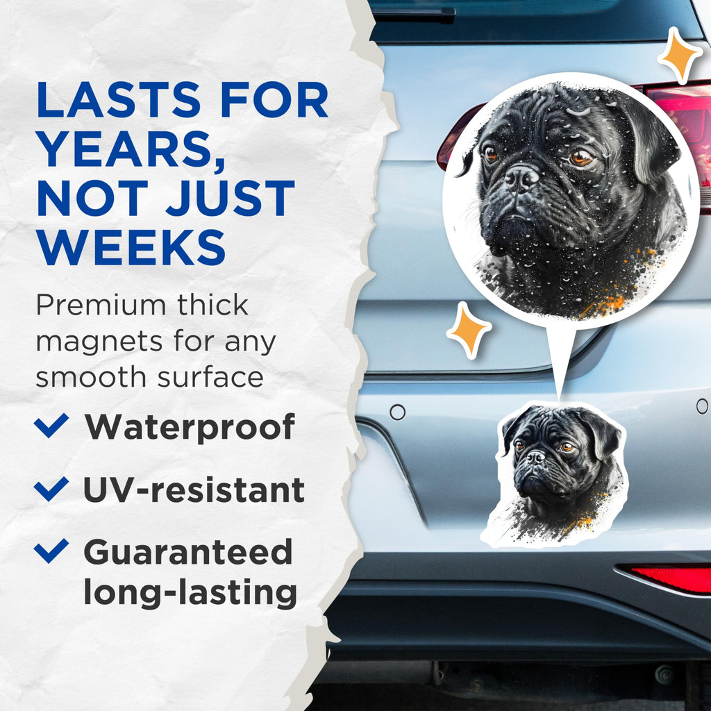 (2 Pack) Black Pug Magnets - Charming Dog Breed Pet Art - Refrigerator Kitchen Home Decor for Dog Owners - 5 Inches On Longest Side - Thick Durable Magnet - Made in USA - MAG24211