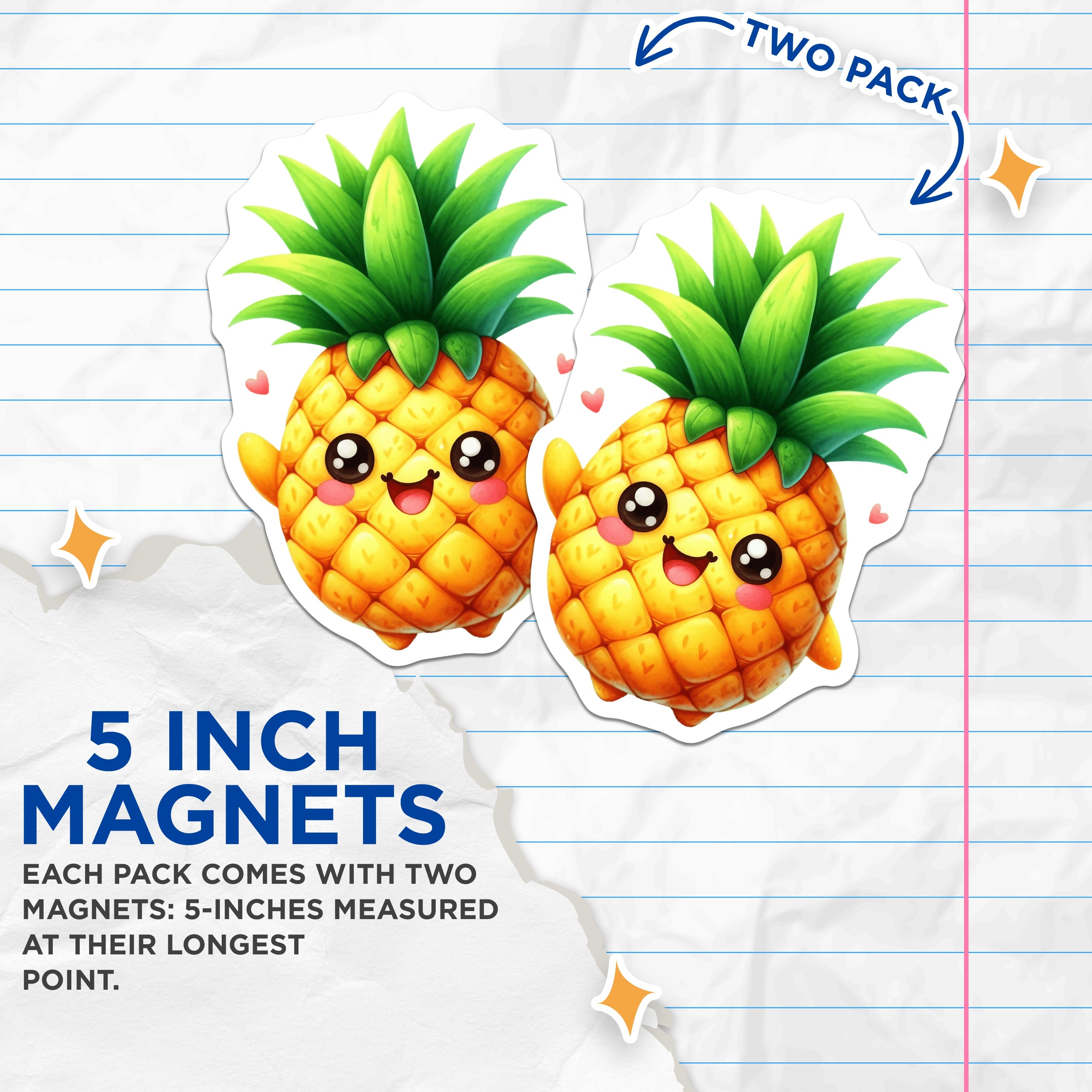 (2 Pack) Kawaii Pineapple Magnets - Cute Tropical Fruit Decor - Happy Kitchen Locker Accessories - 5 Inches On Longest Side - Thick Durable Magnet - Made in USA - MAG36535