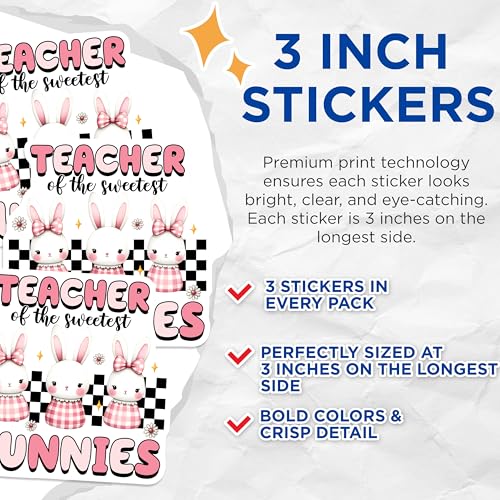 (3 Pack) Teacher Sweetest Bunnies Decals - Cute Rabbit Decal - Laptop Decal - 3 Inches On Longest Side - Easy Peel & Apply - Made in USA - 3MCS6901