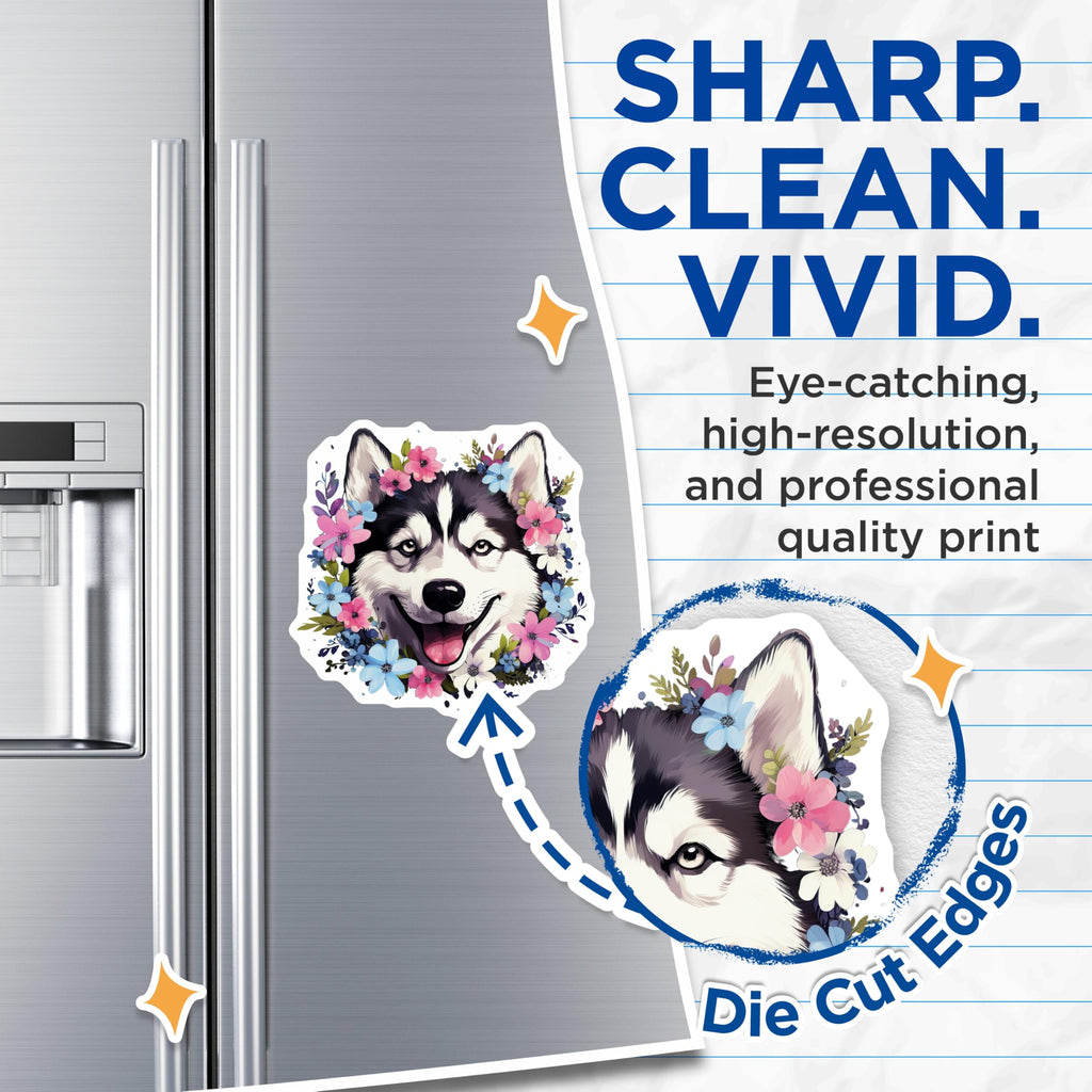 (2 Pack) Husky Dog Floral Magnets - Siberian Husky Decor - Pet Lover Refrigerator Magnets - 5 Inches On Longest Side - Thick Durable Magnet - Made in USA - MAG26401