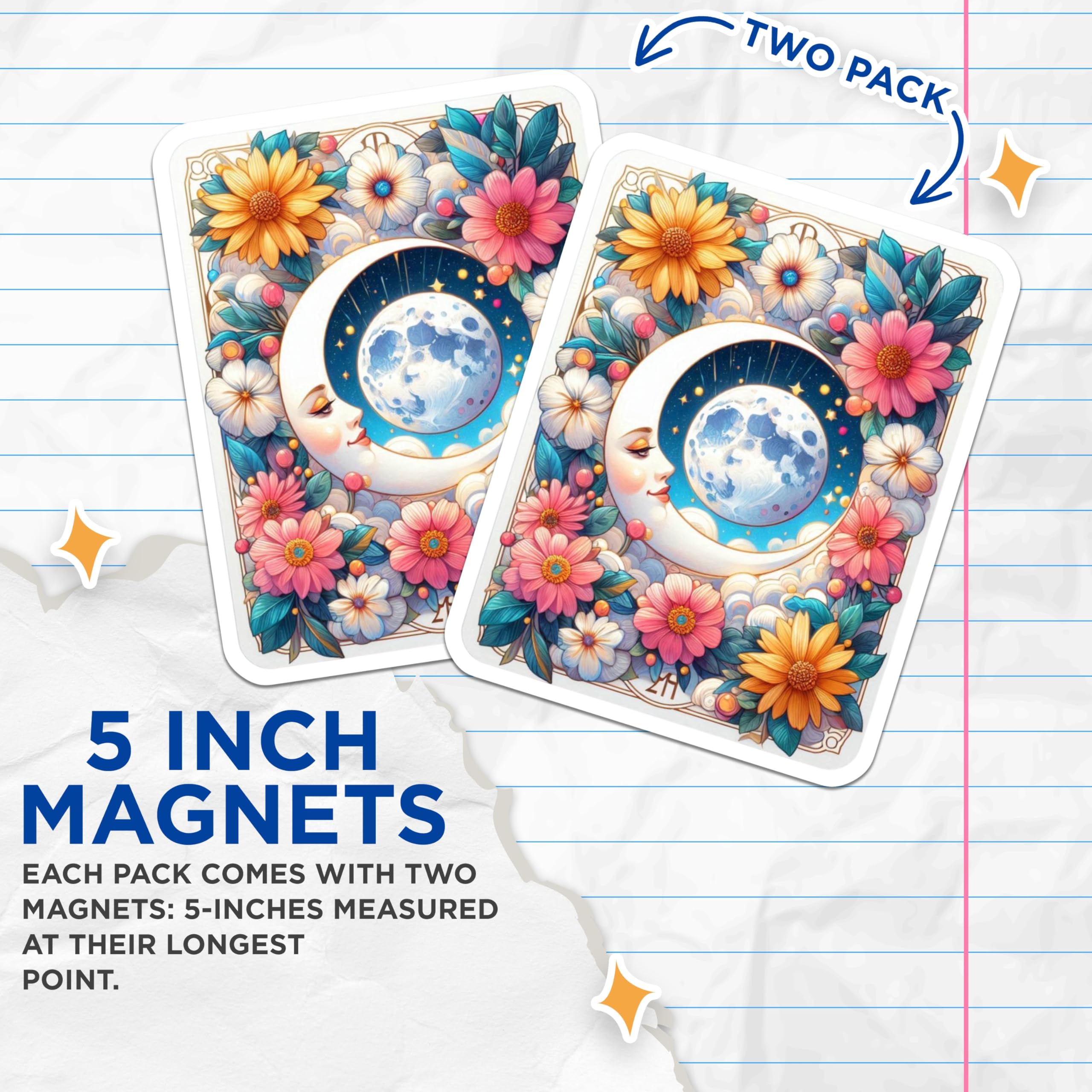 (2 Pack) Celestial Moon Magnets - Floral Fantasy Art - Whimsical Night Sky Decor - Vibrant Botanical - 5 Inches On Longest Side - Thick Durable Magnet - Made in USA - MAG21186