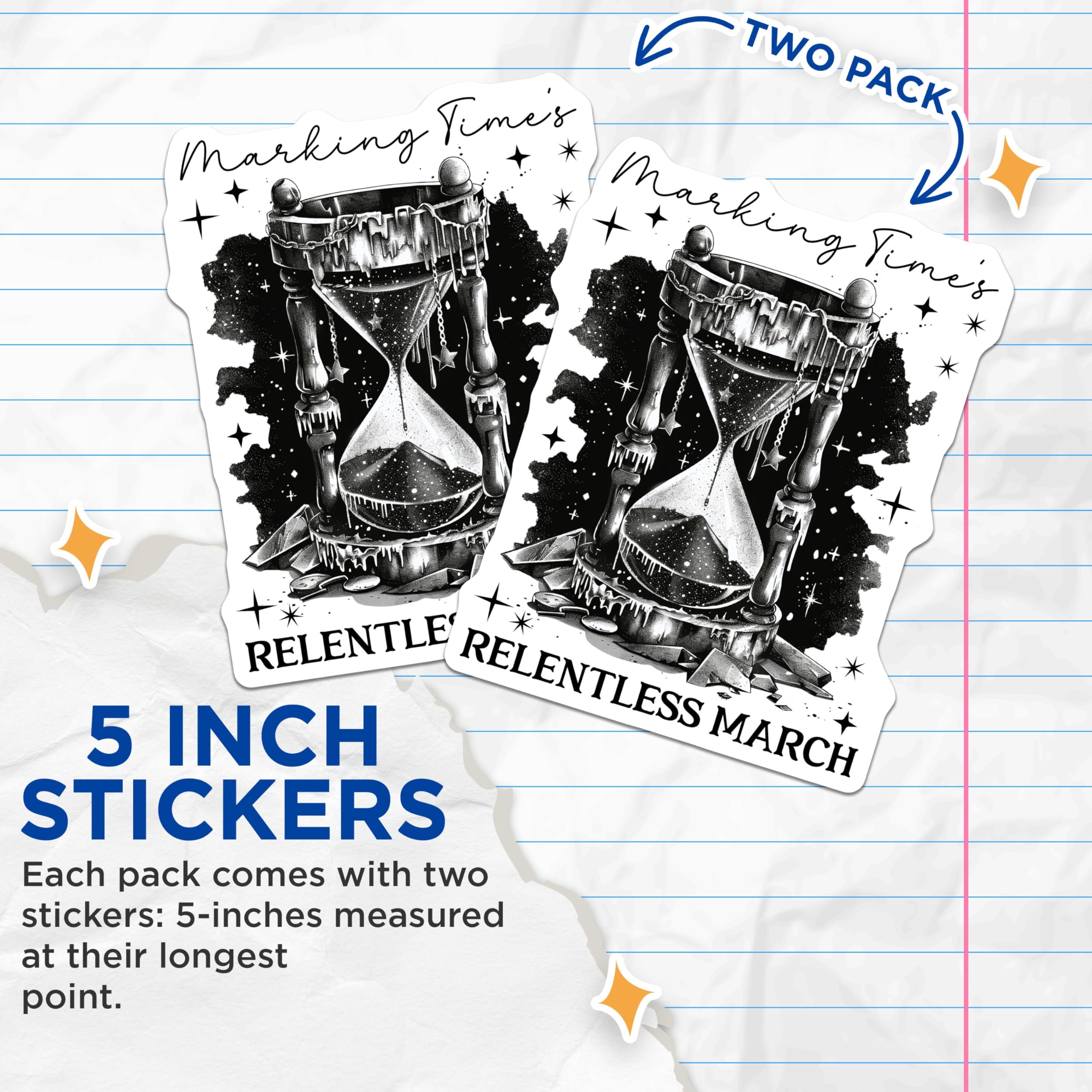 (2 Pack) Marking Time's Stickers - Relentless March Stickers - Hourglass Stickers - 5" On Longest Side - Sticks to Any Smooth Flat Surface - Made in USA - BMCS3527