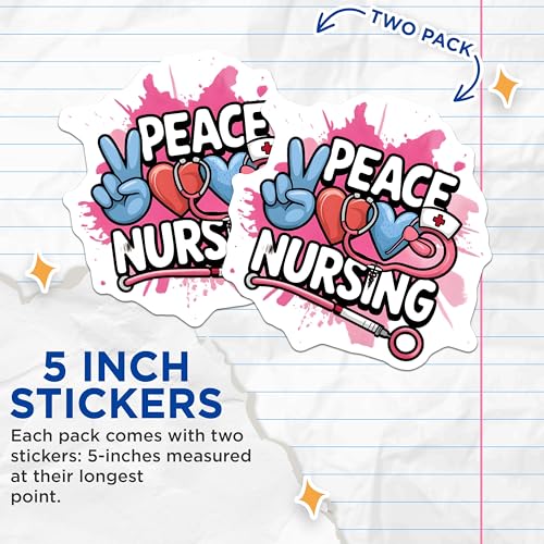(2 Pack) Peace Love Nursing Stickers - Healthcare Professional - Nursing School Accessories - 5" On Longest Side - Sticks to Smooth Flat Surfaces - Made in USA - BMCS7058