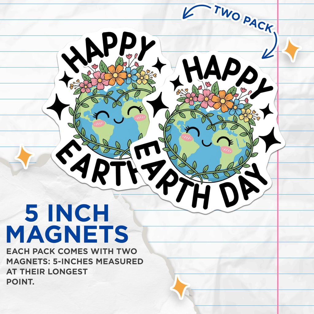 (2 Pack) Happy Earth Day Magnets - Cute Planet Decor - Environmental Awareness Celebration - 5 Inches On Longest Side - Thick Durable Magnet - Made in USA - MAG22092