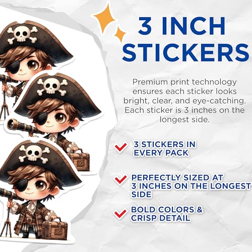 (3 Pack) Pirate Boy Decals - Cute Cartoon Decal - Laptop Decals- 3 Inches On Longest Side - Easy Peel & Apply - Made in USA - 3MCS5276