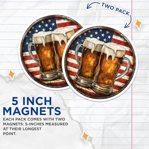 (2 Pack) Patriotic Fridge Accessory Magnet - Beer Lovers Decor - Kitchen - 5" On Longest Side - Sticks to Smooth Flat Surfaces - Made in USA - MAG9434
