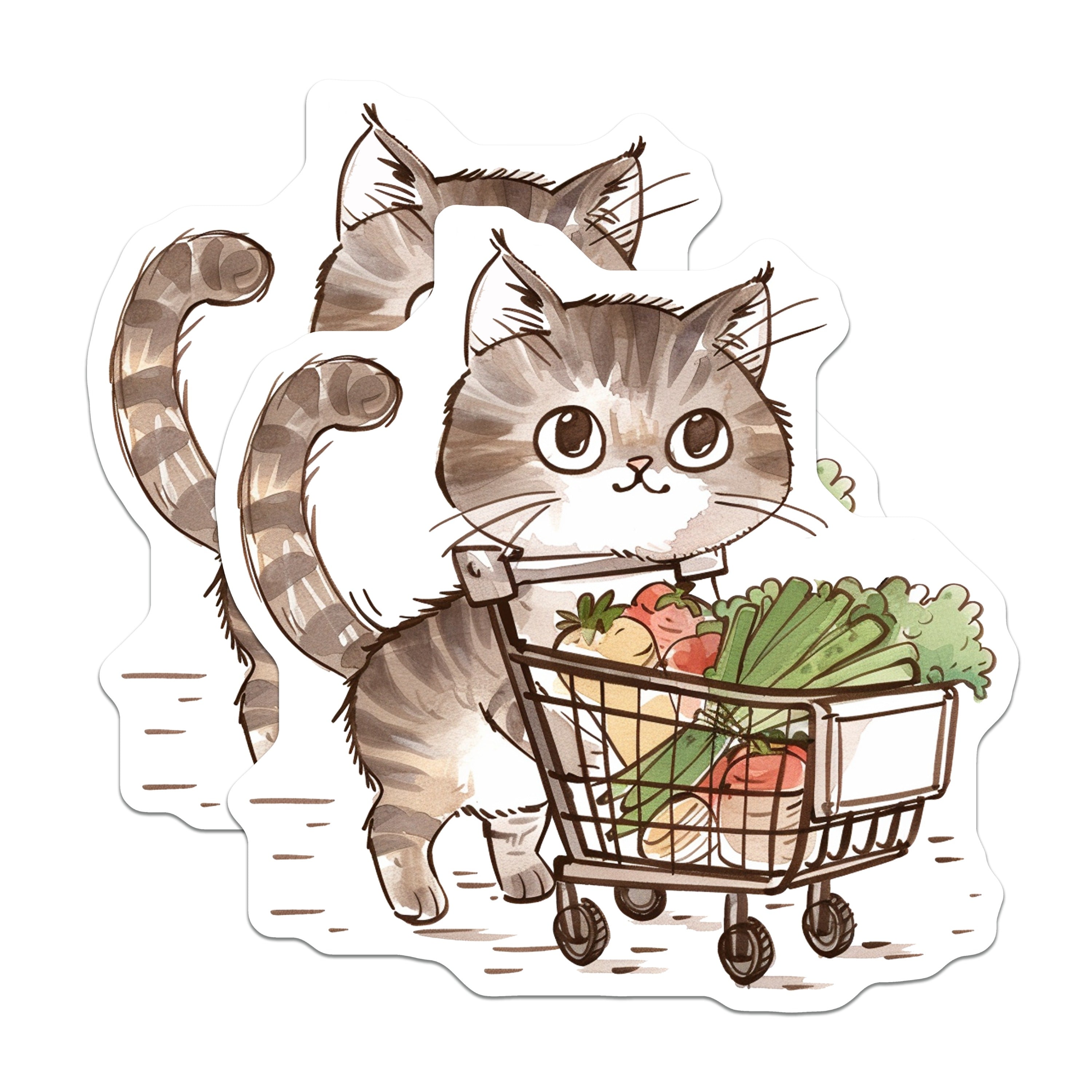 (2 Pack) Cat Grocery Shopping Magnets - Cute Animal Fridge Decor - Whimsical Kitty Shopper Art - 5 Inches On Longest Side - Thick Durable Magnet - Made in USA - MAG37528