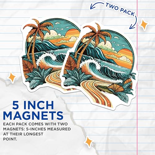 (2 Pack) Beach Sunset Magnets Magnets - Ocean Wave Scene - Tropical Beach Landscape - 5" On Longest Side - Made in USA - Sticks to Refrigerators & Metal Surfaces - MAG9251
