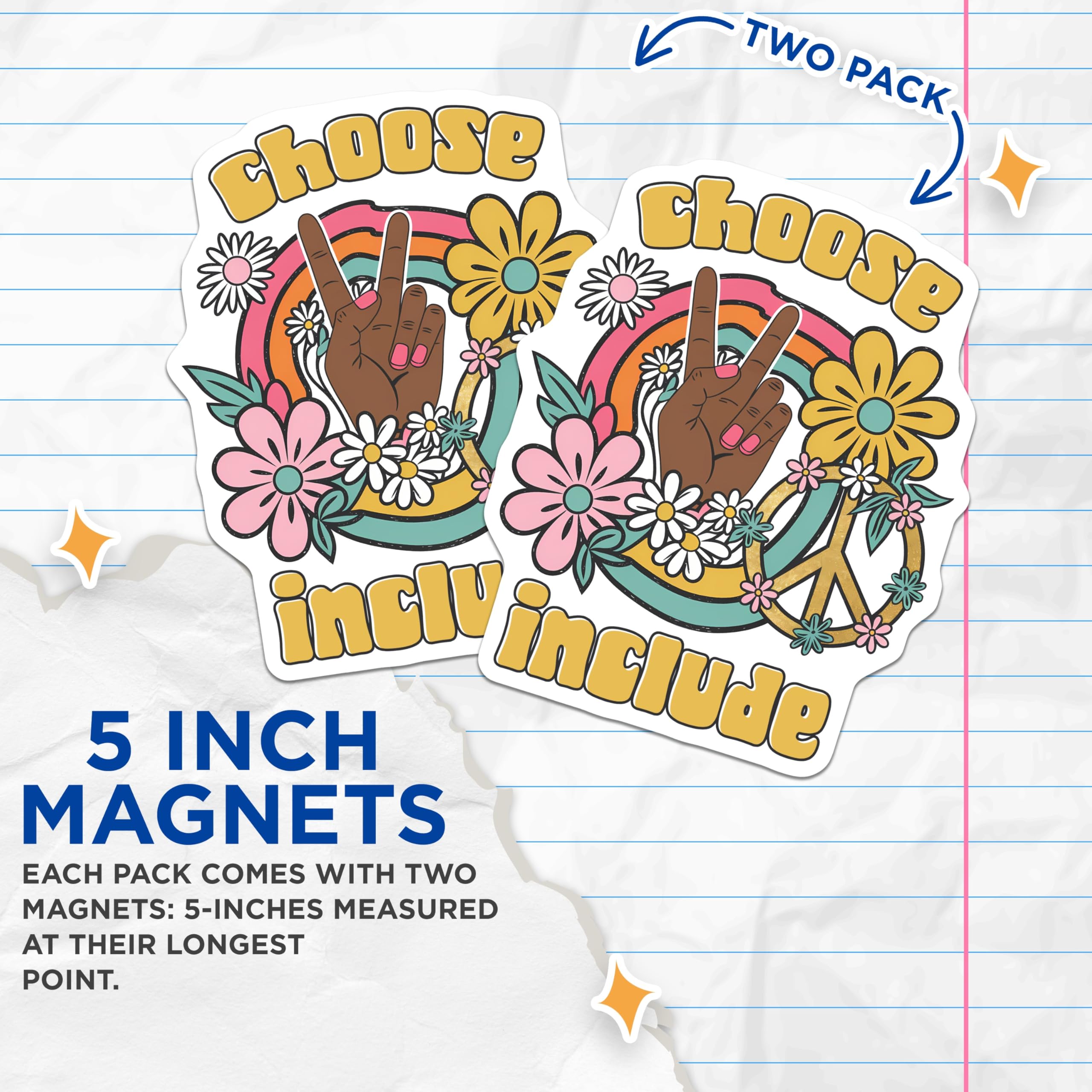 (2 Pack) Hippie Magnets - Retro Peace Sign - Choose Include Rainbow Flower Power Decals - 5" On Longest Side - Premium Magnet - for Cars, Refrigerators, Toolboxes, Lockers - Made in USA - MAG14803