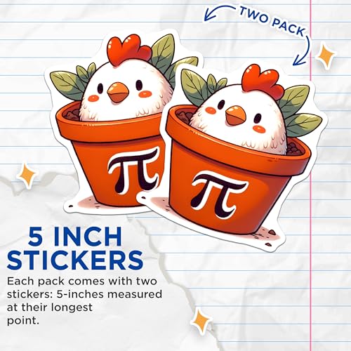 (2 Pack) Cute Chicken Stickers - Funny Pi Chicken - Adorable Chicken in Pot - 5" On Longest Side - Sticks to Smooth Flat Surfaces - Made in USA - BMCS8160