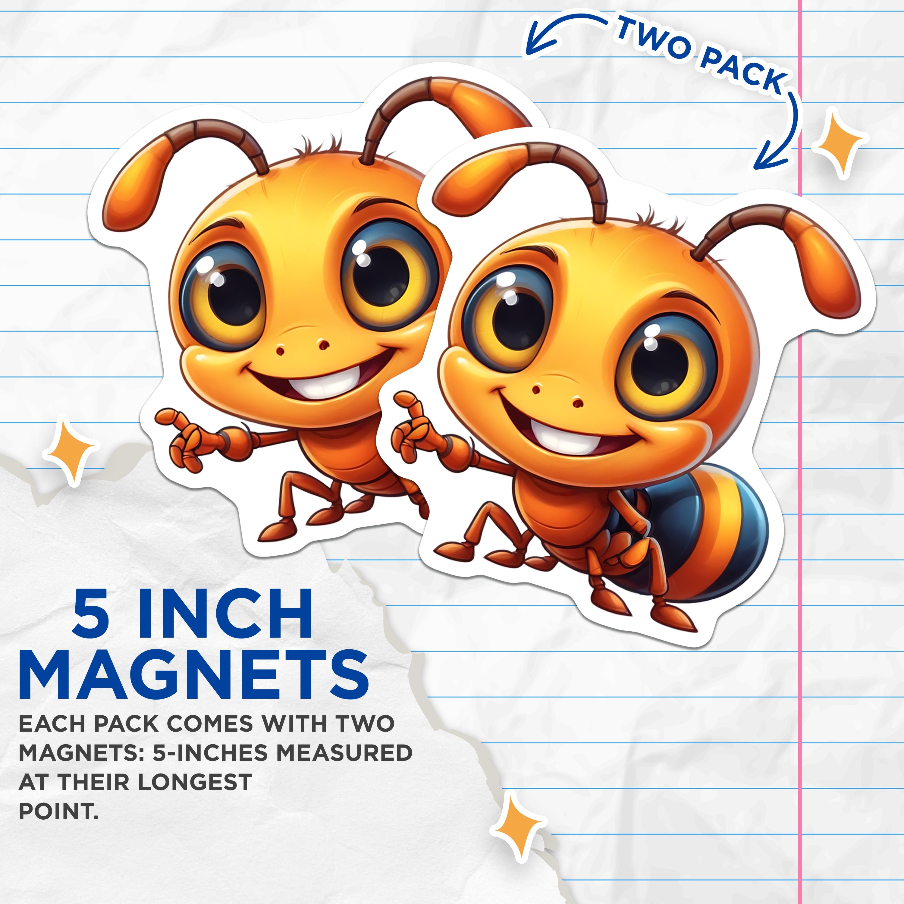 (2 Pack) Cute Ant Character Magnets - Kawaii Animal Fridge Decor - Playful Office Locker Embellishments - 5 Inches On Longest Side - Thick Durable Magnet - Made in USA - MAG39226