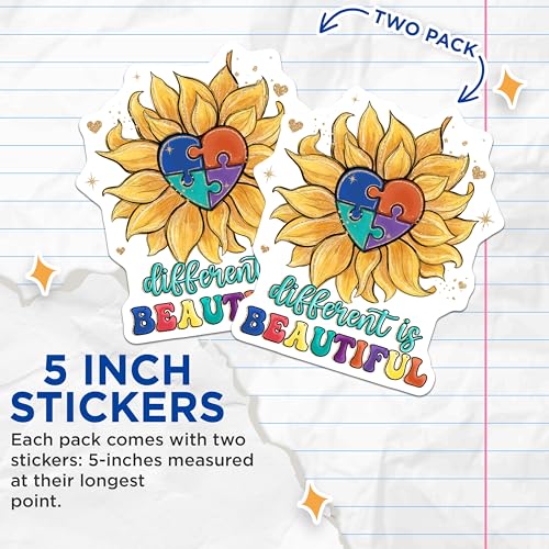(2 Pack) Different is Beautiful Stickers - Sunflower Puzzle Stickers - Inspirational Quote Stickers - 5" On Longest Side - Sticks to Smooth Flat Surfaces - Made in USA - BMCS4154