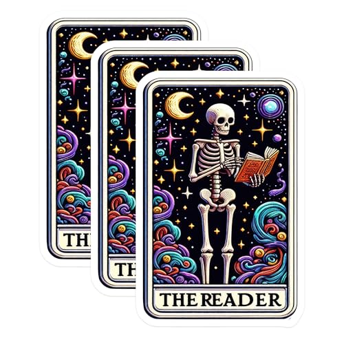 (3 Pack) Tarot Card Decals - The Reader Skeleton - Witchy Decal Aesthetic - 3 Inches On Longest Side - Easy Peel & Apply - Made in USA - 3MCS4254