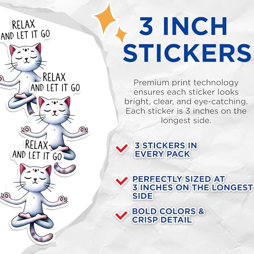 (3 Pack) Relax Cat Decals - Yoga Cat Stickers - Funny Animal Decal - 3 Inches On Longest Side - Easy Peel & Apply - Made in USA - 3MCS1290