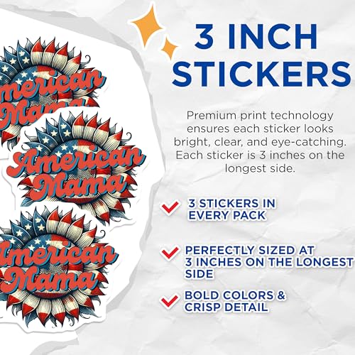 (3 Pack) American Mama Decals - Patriotic Sunflower - Mom Decals - 3 Inches On Longest Side - Easy Peel & Apply - Made in USA - 3MCS6646