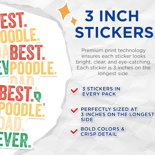 (3 Pack) Poodle Dad Decals - Best Dad Ever - Laptop Decal - 3 Inches On Longest Side - Easy Peel & Apply - Made in USA - 3MCS4034
