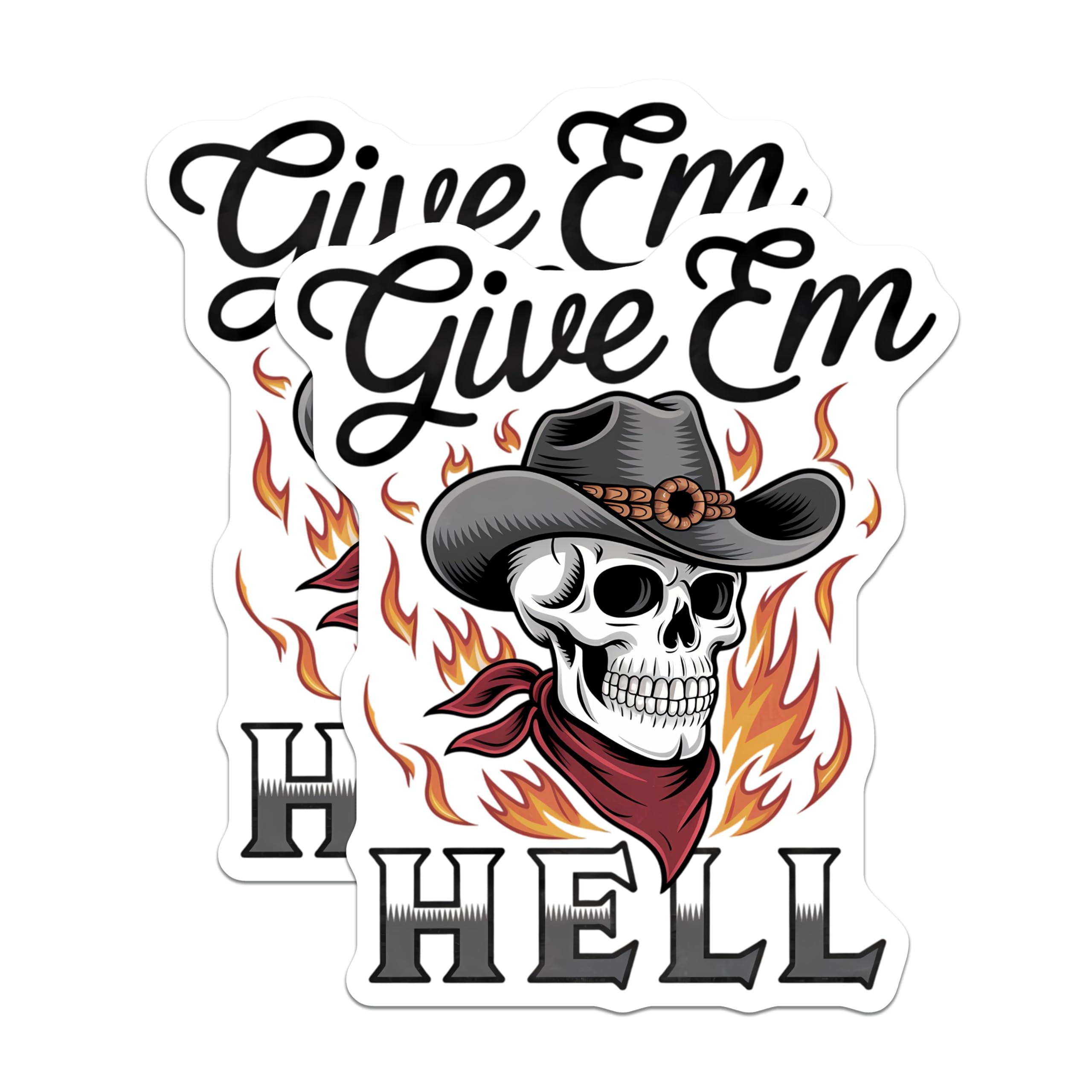 (2 Pack) Skull Magnets - Cowboy Hat Skull Design - Give Em Hell Quote - Fiery Western Vibe - 5 Inches On Longest Side - Thick Durable Magnet - Made in USA - MAG21254