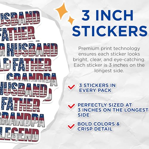 (3 Pack) Husband Father Grandpa Decals - Patriotic Legend Decal - American Flag Decals - 3 Inches On Longest Side - Easy Peel & Apply - Made in USA - 3MCS7650