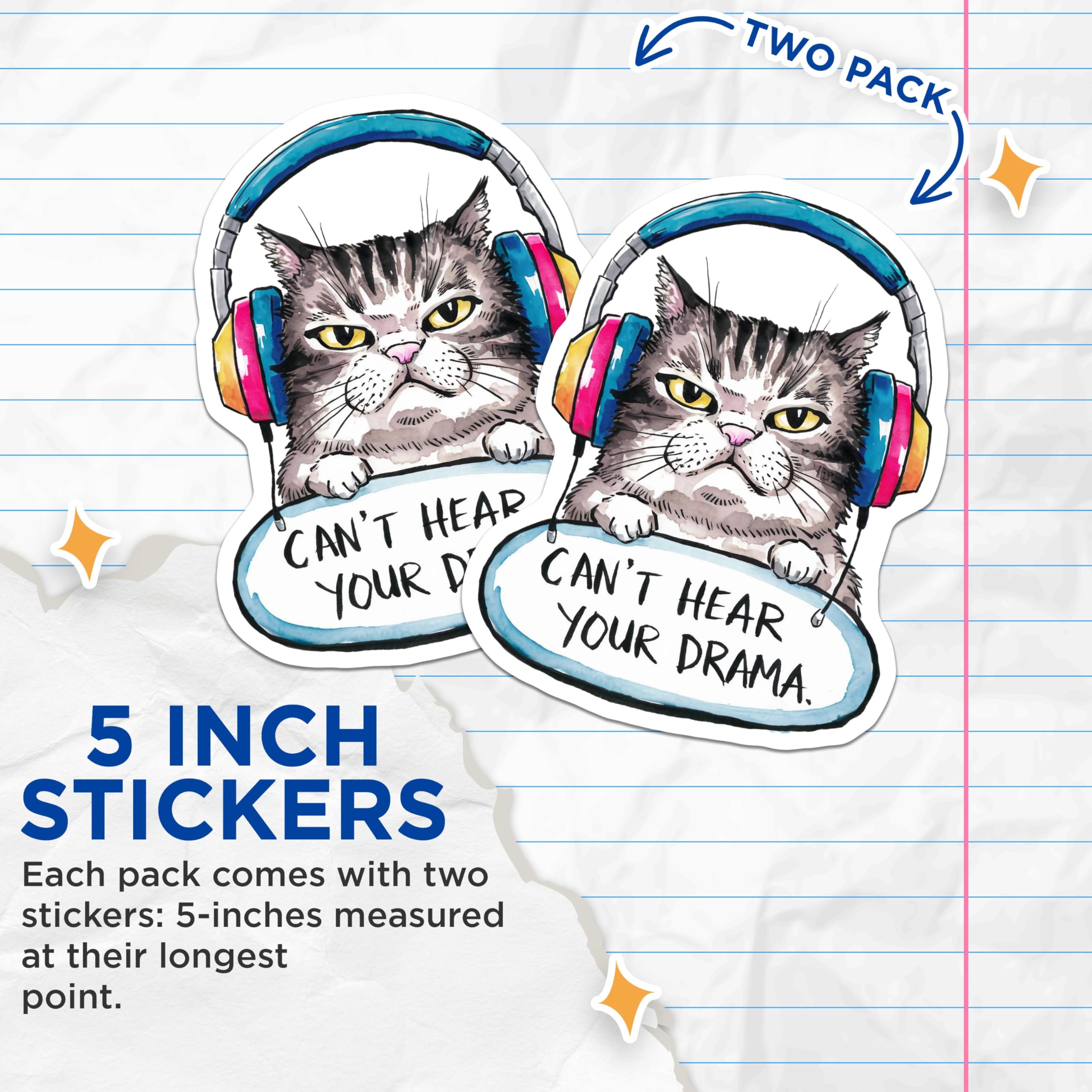 (2 Pack) Funny Cat Stickers - Can't Hear Your Drama - Headphones Decal for Laptops and Water Bottles - 5" On Longest Side - Sticks to Smooth Flat Surfaces - Made in USA - BMCS8481