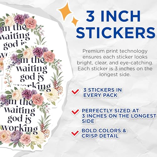 (3 Pack) Waiting God Working Decals - Floral Faith Stickers - Inspirational Laptop Decal - 3 Inches On Longest Side - Easy Peel & Apply - Made in USA - 3MCS0085