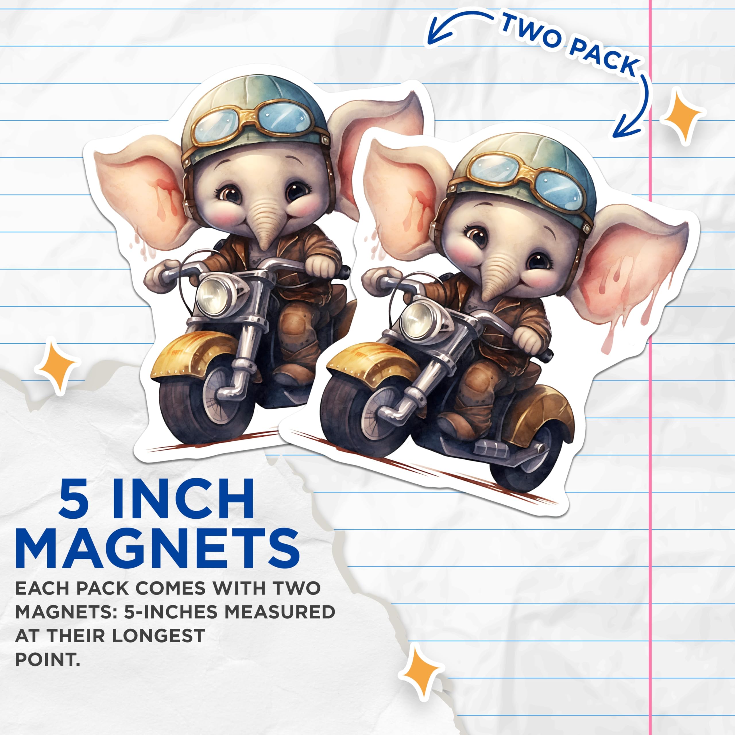 (2 Pack) Elephant Motorcycle Magnets - Cute Animal Art - Fridge Decor - 5" On Longest Side - Premium Magnet - for Cars, Refrigerators, Toolboxes, Lockers - Made in USA - MAG16975