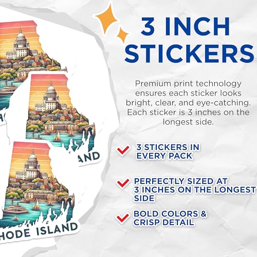 (3 Pack) Rhode Island Decals - State Pride Sticker - Providence City Laptop Decal - 3 Inches On Longest Side - Easy Peel & Apply - Made in USA - 3MCS4050