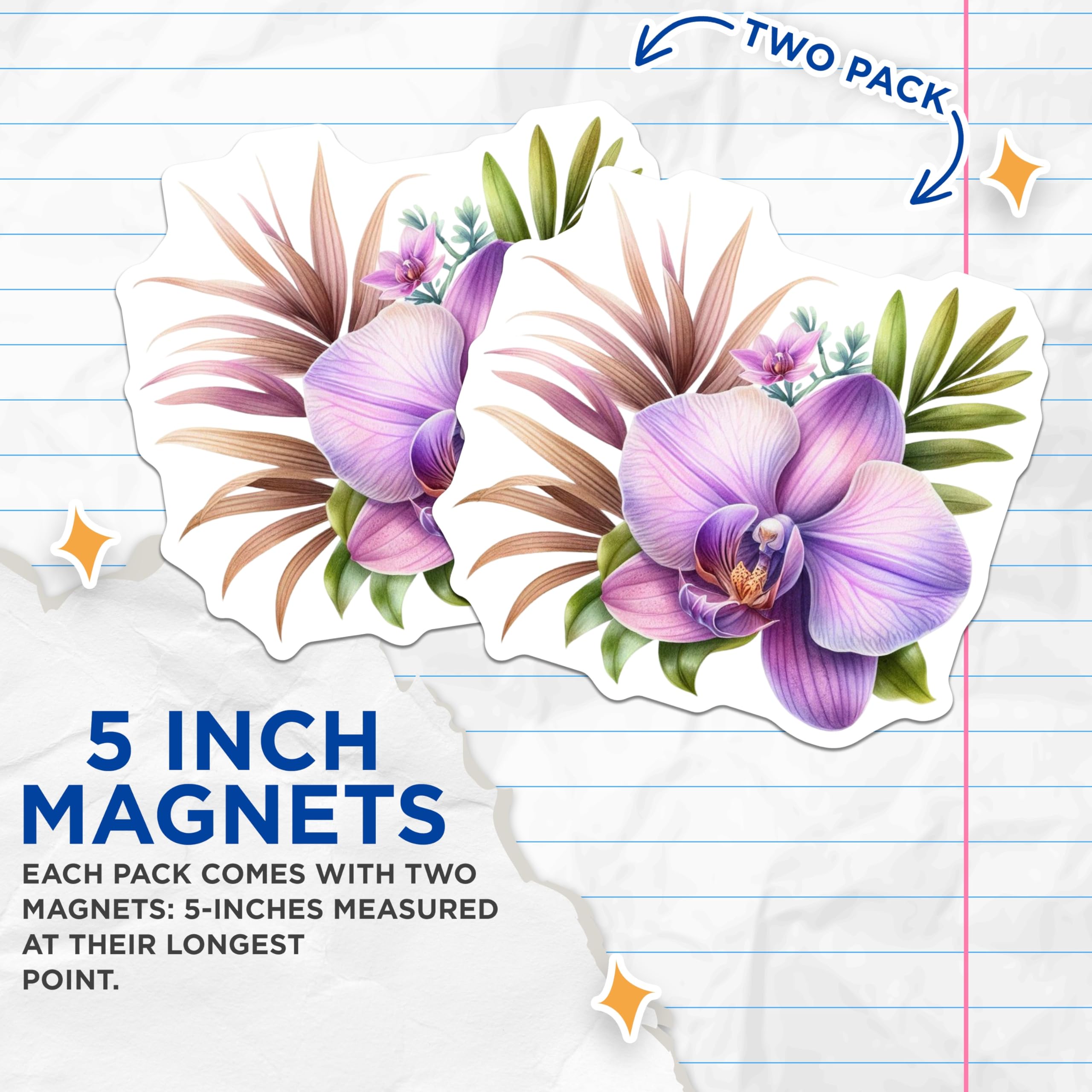 (2 Pack) Purple Orchid Magnets - Tropical Floral Decor - Botanical Refrigerator Accent - 5 Inches On Longest Side - Thick Durable Magnet - Made in USA - MAG20204