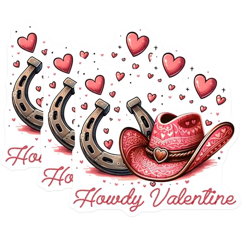 (3 Pack) Howdy Valentine Decals - Cowboy Hat - Valentines Day Stickers - 3 Inches On Longest Side - Easy Peel & Apply - Made in USA - 3MCS1920
