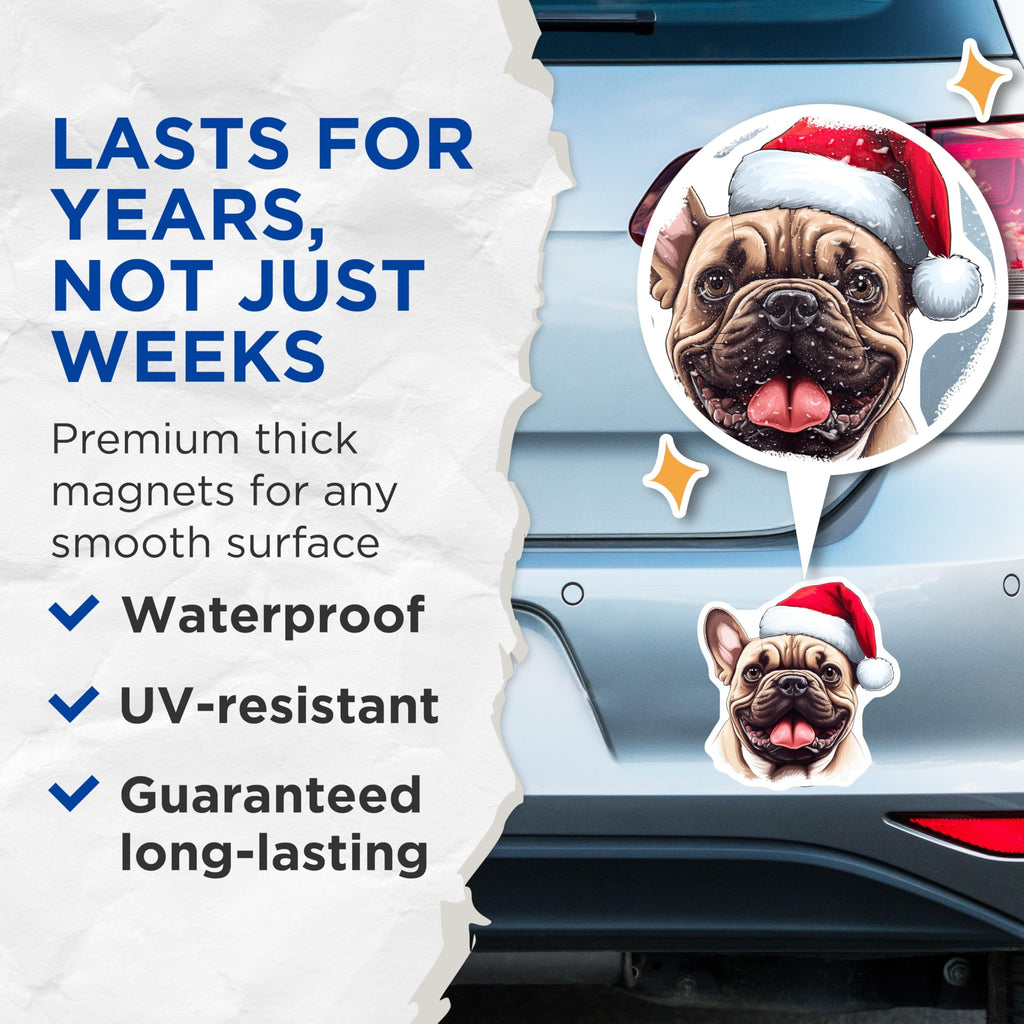 (2 Pack) French Bulldog Christmas Magnets - Santa Hat Dog Holiday Decor - Pet Lover Refrigerator Decor - 5 Inches On Longest Side - Thick Durable Magnet - Made in USA - MAG25384