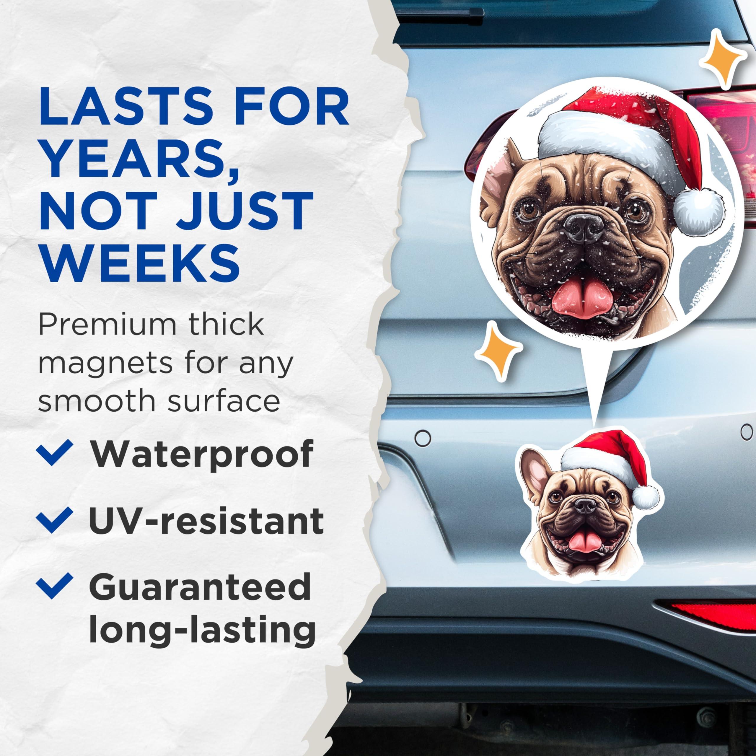 (2 Pack) French Bulldog Christmas Magnets - Santa Hat Dog Holiday Decor - Pet Lover Refrigerator Decor - 5 Inches On Longest Side - Thick Durable Magnet - Made in USA - MAG25384