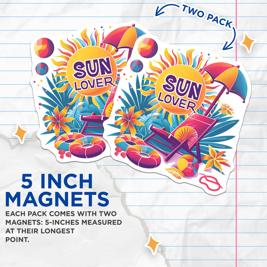 (2 Pack) Sun Lover Tropical Magnets - Summer Beach Vacation Decor - Sunny Day Fridge Accessory - 5 Inches On Longest Side - Thick Durable Magnet - Made in USA - MAG38802