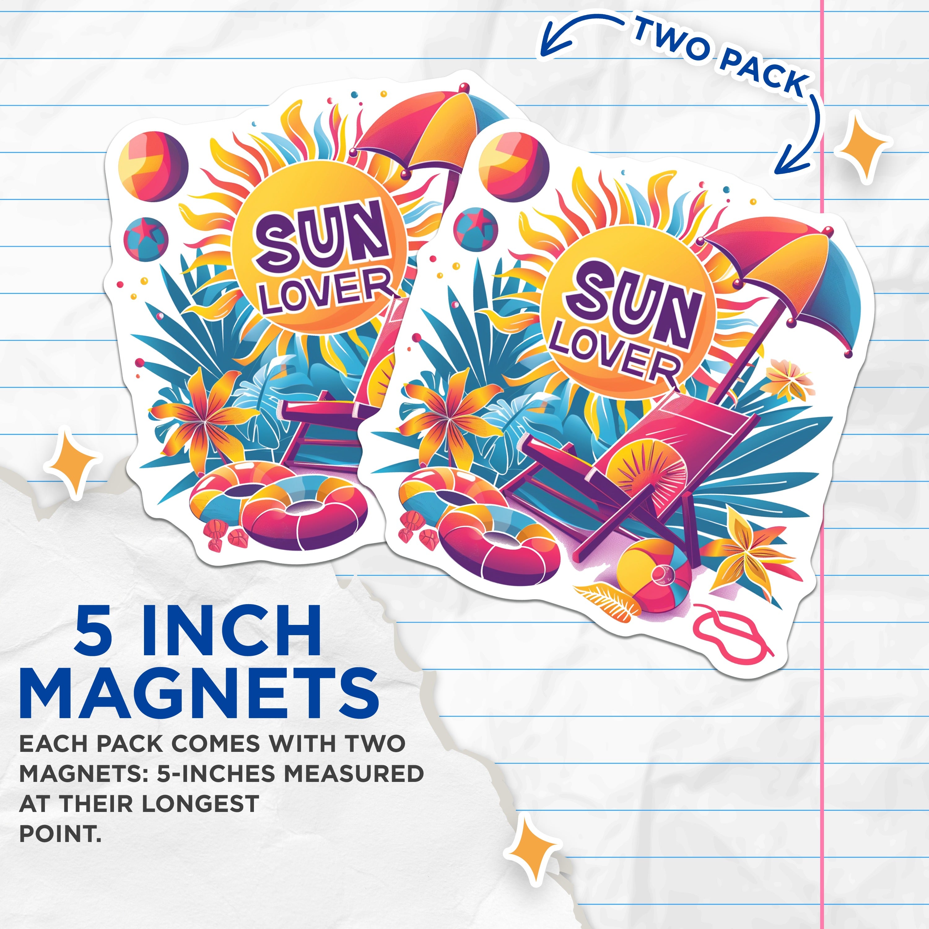 (2 Pack) Sun Lover Tropical Magnets - Summer Beach Vacation Decor - Sunny Day Fridge Accessory - 5 Inches On Longest Side - Thick Durable Magnet - Made in USA - MAG38802