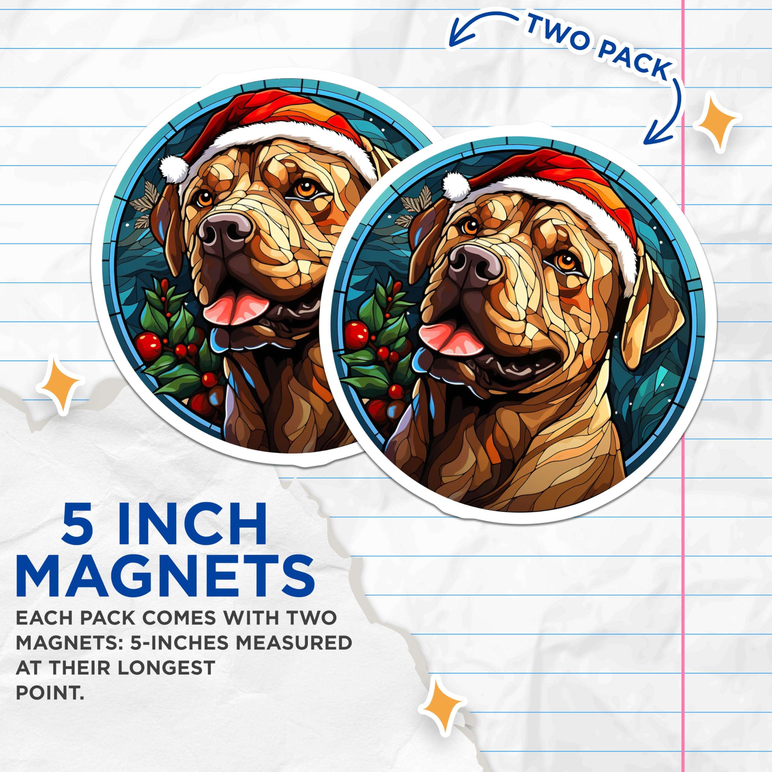 (2 Pack) Christmas Dog Magnets - Stained Glass Pet Art - Santa Hat Animal Refrigerator Decor - 5 Inches On Longest Side - Thick Durable Magnet - Made in USA - MAG29064