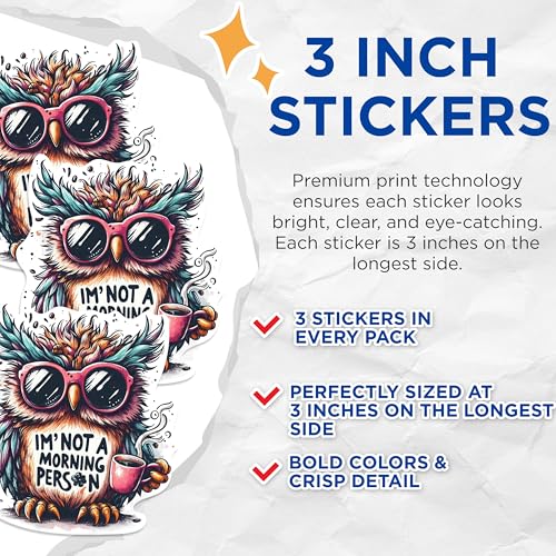 (3 Pack) Not a Morning Person Owl Decals - Funny Owl Sticker - Coffee Lover Decal - 3 Inches On Longest Side - Easy Peel & Apply - Made in USA - 3MCS0856