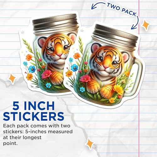(2 Pack) Cute Tiger Stickers - Animal Art - Nature Illustration - 5" On Longest Side - Sticks to Smooth Flat Surfaces - Made in USA - BMCS9359
