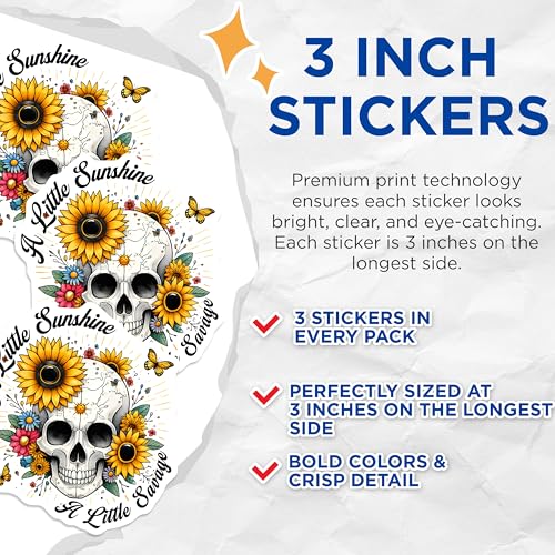 (3 Pack) Skull Sunflower Decals - Floral Skull Decor - Laptop Decal Stickers - 3 Inches On Longest Side - Easy Peel & Apply - Made in USA - 3MCS6145