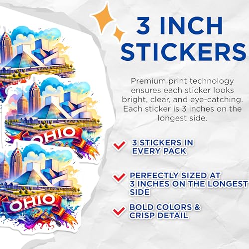 (3 Pack) Ohio Decals - Cleveland Skyline - Rock and Roll Hall of Fame - Laptop Decal- 3 Inches On Longest Side - Easy Peel & Apply - Made in USA - 3MCS5283