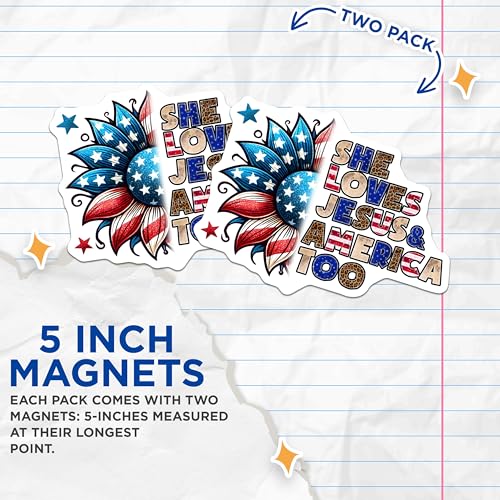 (2 Pack) Patriotic Star Flower Magnets - She Loves Jesus and America Too - Inspirational Refrigerator Decor - 5" On Longest Side - for Cars, Fridges, Toolboxes - Made in USA - MAG78