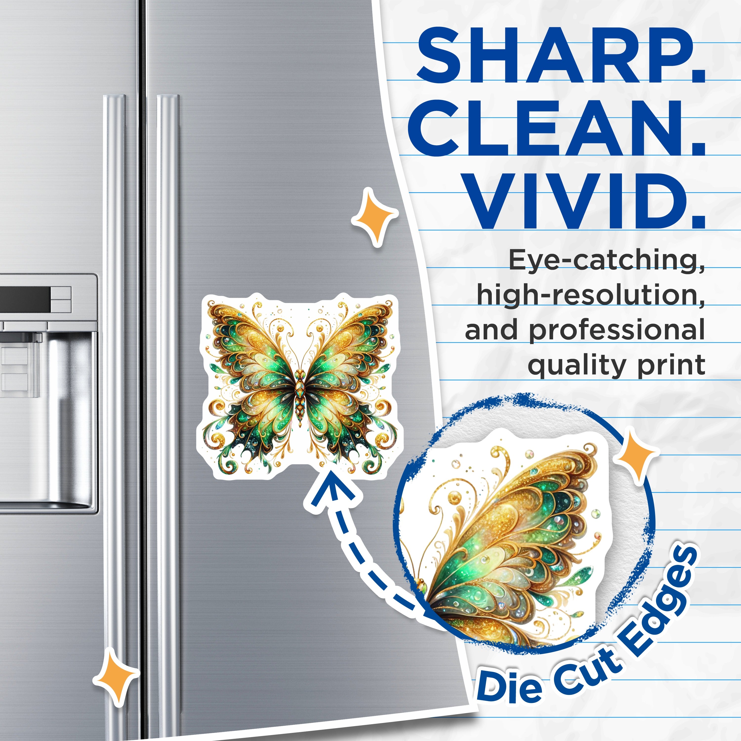 (2 Pack) Ornate Butterfly Magnets - Emerald Gold Fridge Decor - Whimsical Nature Art - 5 Inches On Longest Side - Thick Durable Magnet - Made in USA - MAG38194