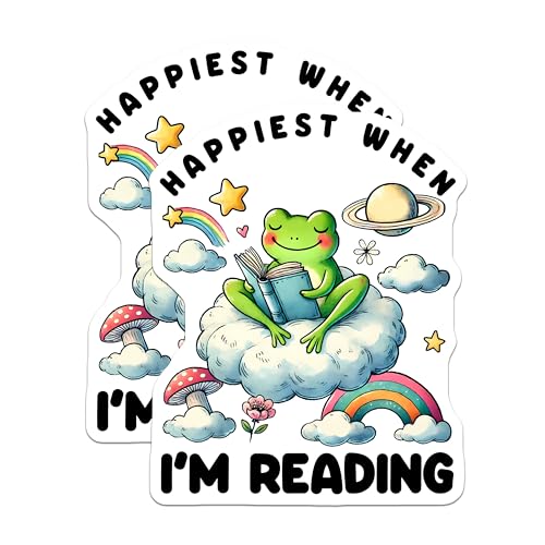 (2 Pack) Happiest When I'm Reading Stickers - Frog Reading Sticker - Cute Book Lover Decal - 5" On Longest Side - Sticks to Smooth Flat Surfaces - Made in USA - BMCS3720