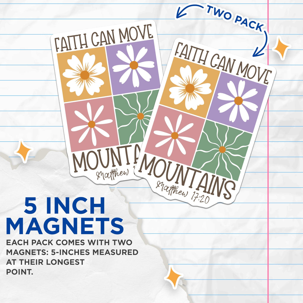 (2 Pack) Faith Can Move Mountains Magnets - Matthew 17:20 - Religious Verse Decor - 5" On Longest Side - Premium Magnet - for Cars, Refrigerators, Toolboxes, Lockers - Made in USA - MAG17090