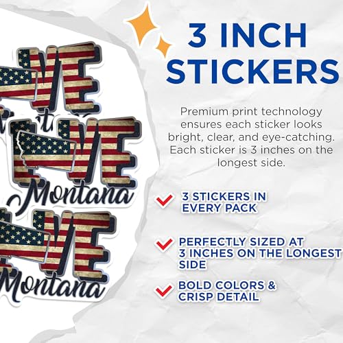 (3 Pack) Montana State Decals - American Flag - Love Montana Decal - 3 Inches On Longest Side - Easy Peel & Apply - Made in USA - 3MCS0317