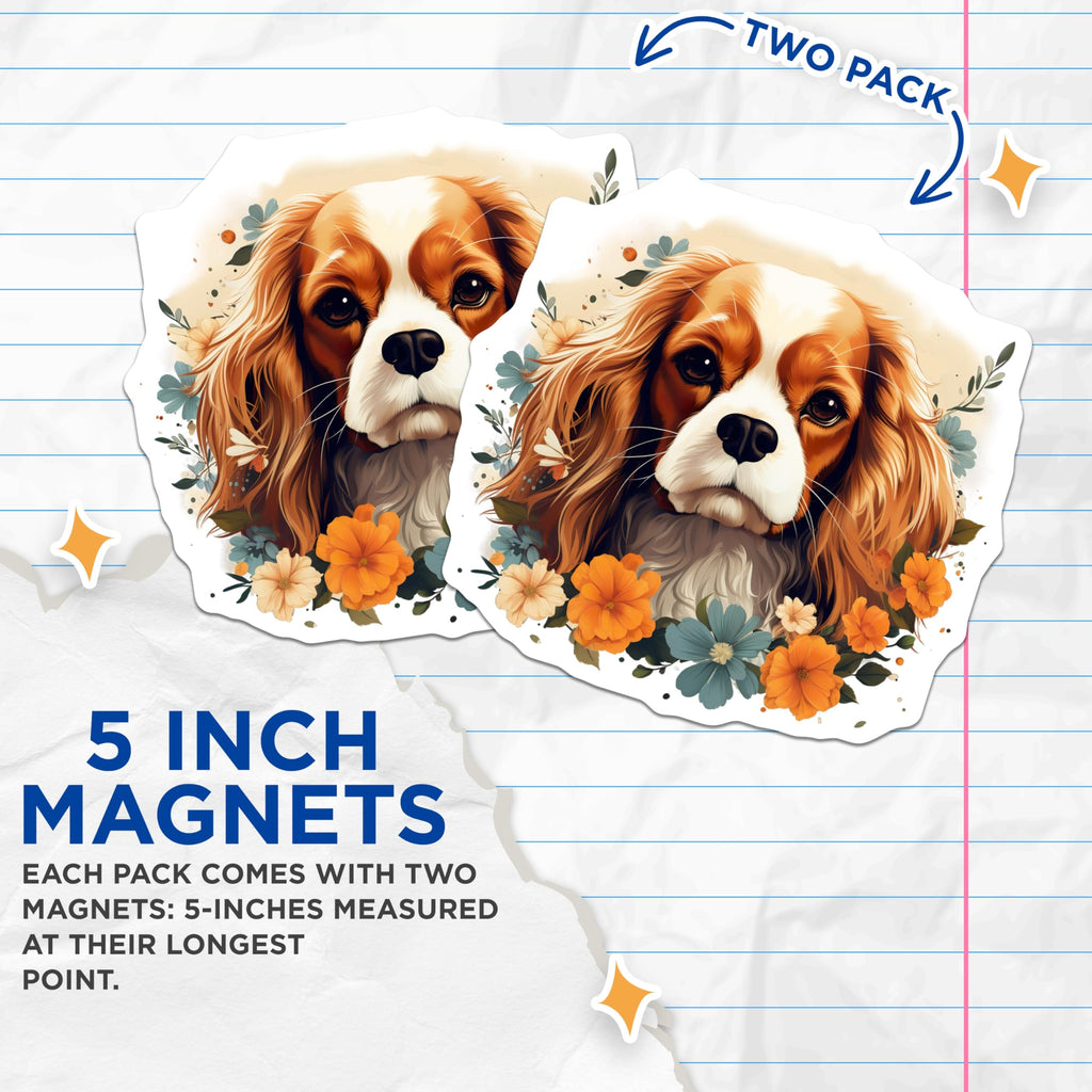 (2 Pack) Cavalier King Charles Spaniel Magnets - Blenheim Dog Portrait Decor - Floral Canine Art - Adorable Pet Lover Display - 5 Inches On Longest Side - Thick Durable Magnet - Made in USA - MAG24055